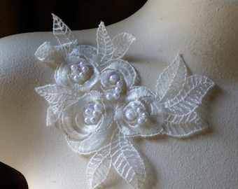 Ivory Beaded Lace Flower Applique for Lyrical Dance, Ballet, Bridal, Sashes, Headbands IA 54