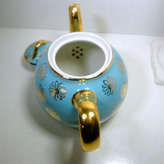 Vintage HALL French Daisies Teapot Gold and Sky Blue Style