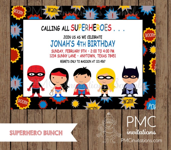 Custom Printed Superhero Birthday Invitations - 1.00 each with envelope Il_570xn