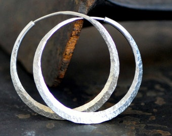 1 1/2 inch sterling silver hoop earring, endless style, raw silk texture or your choice, medium round loops, eco friendly jewelry