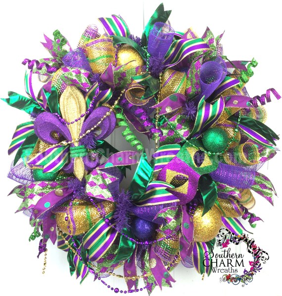 Deco Mesh Mardi Gras Wreath For Door Or Wall Fleur De Lis Fat