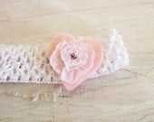 White Stretch Head Band Handmade Organza Pink Flower white Pink Felt Heart Crystal Bead Hair Accessory Decoration # 29