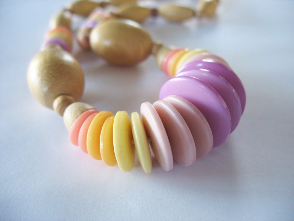 Pastel Colors Necklace Wood Disks Purple Pink Yellow Peach