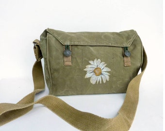 Grunge Daisy Vintage Military Messenger Bag / Purse. Hand Painted