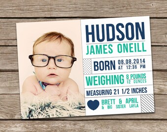 Birth Announcement : Hudson Baby Boy Custom Photo Birth Announcement - Modern Birth Announcement - Baby Announcement - Simple