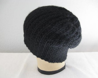 Black Slouchy. Hand Knit in Ink Black Baby Alpaca. Beanie or Watch Cap. Winter Accessories.