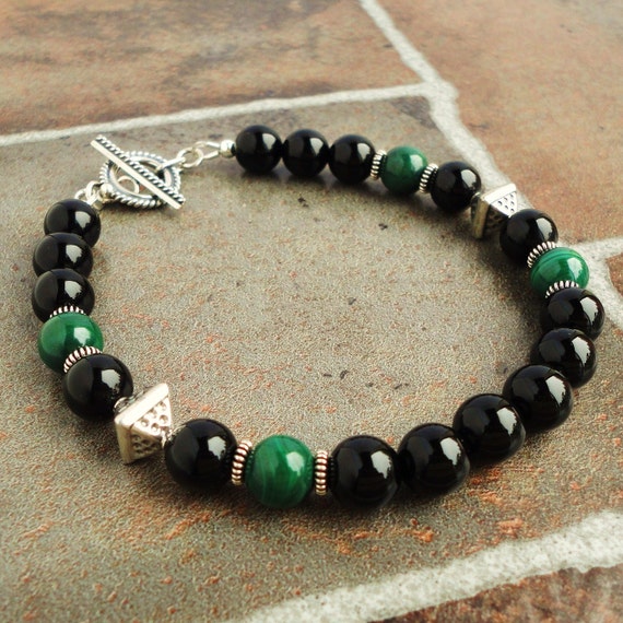 Green Malachite and Black Onyx Bracelet for Men by mamisgemstudio