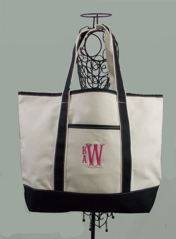Extra Large Personalized Heavy Duty Canvas Boat/Beach Boat Bag Tote In Natural With Black Trim