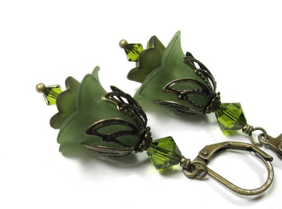 Olivine Flower Earrings, Olive Green, Gifts for Gardeners, Green, Vintage Style Jewelry, Floral Jewelry, Swarovski Crystals, Lucite Flowers
