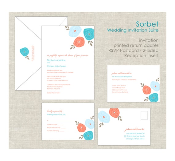 Coral & Teal Wedding Invitations, Wedding Invites, Turquoise Wedding Invitation, Rannicculus Flowers, Simple, Calligraphy Script, Blue Il_570xn