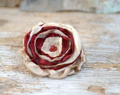 Large cream and maroon flower pin  --- OOAK Fabric Flower Brooch ---  Fabric Jewlery --- TAGT team