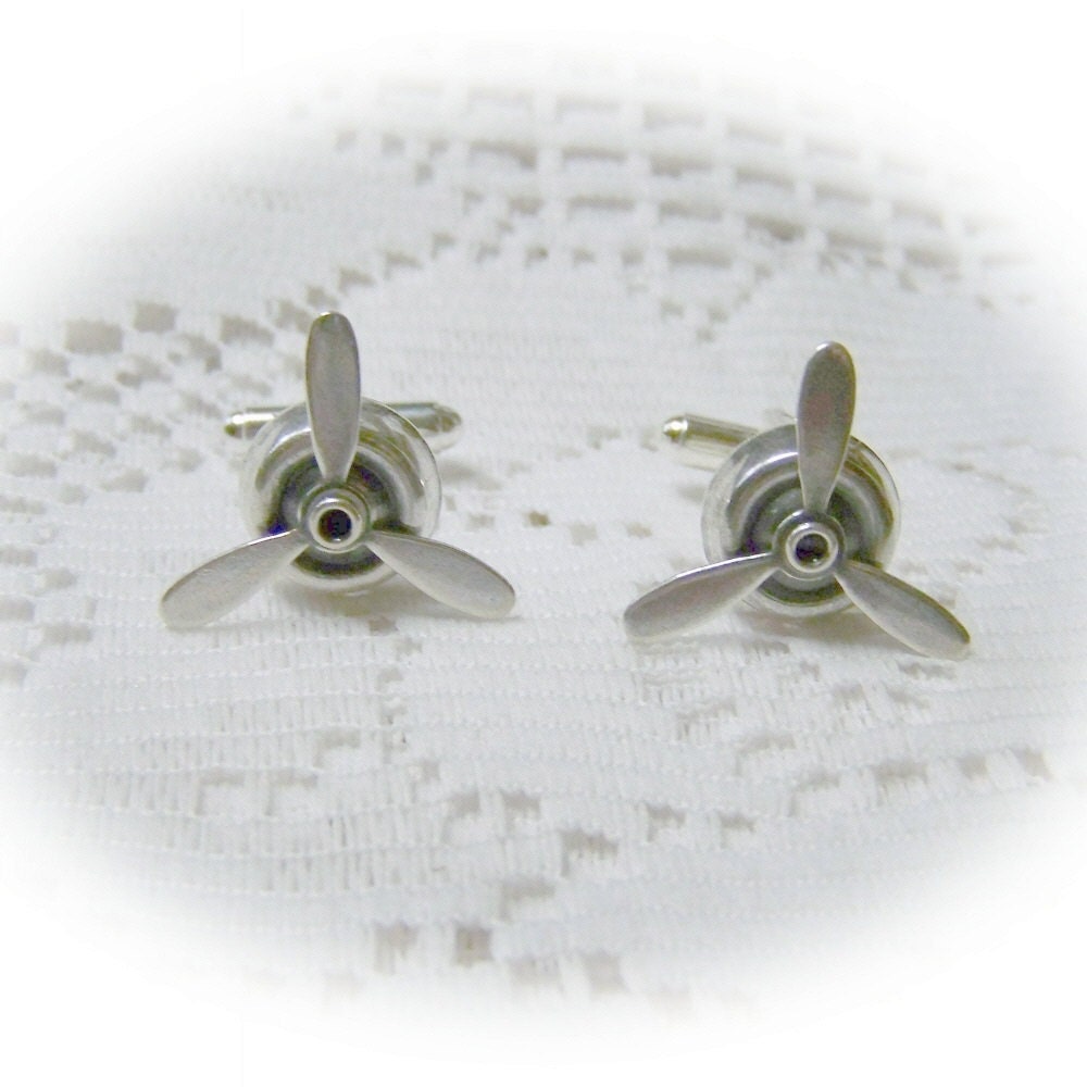 Spinning PROPELLER Silver Cuff Links STEAMPUNK Airplane