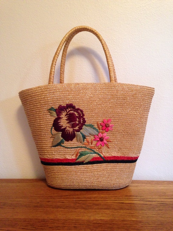 Vintage Woven Straw Market Tote Bag Floral by ClassAndTrashVintage
