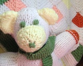 Baby's First Blanket knitted with toy bear Ready to ship White squares with green, orange, yellow and peach. Gift for baby shower