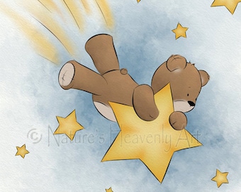 11 x 14 Teddy Bear Baby Nursery Wall Art, Childrens Art Print, Art for Childs Room Decor Shooting Star (153)
