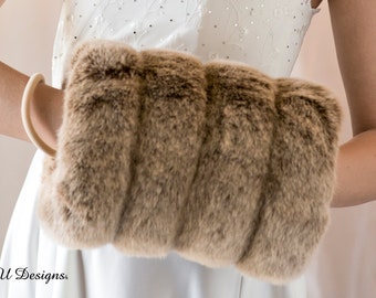 Frosted light brown grooved Super Size faux fur muff hand warmer Winter wedding
