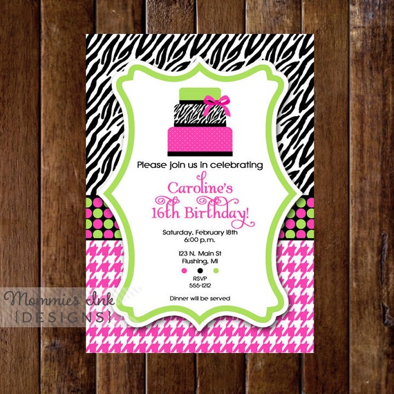 Zebra Print and Houndstooth Cake Birthday Party Invitation - Sweet 16 Party - PRINTABLE INVITATION DESIGN Il_570xn