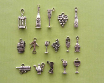 The Ultimate Love Wine Charms Collection - 16 different antique silver tone charms