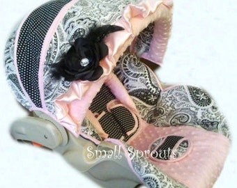 Graco Snugride Click Connect 30/35 Black & White Paisley/Polka Dot/Light Pink Minky Dot Infant Car Seat Cover Set 5 piece set-Ready To ship