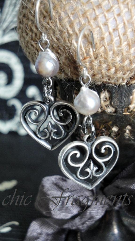 FLEUR DE LIS Heart Earrings. Vintage James Avery Sterling