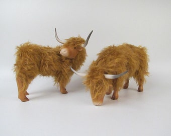 Scottish Highland Cattle Figures in Porcelain and Mohair 7"