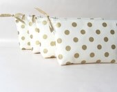 Bridesmaids clutch, gold bridesmaids gift ideas, gold cosmetic bag, gold wedding, gold polka dot, unique bridesmaids