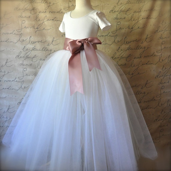 Items similar to Flower Girl tutu in white over ivory tulle sashed with ...