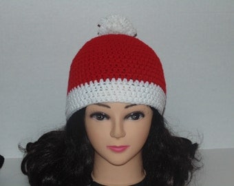 Crochet Beanie Hat, Red and White Beanie Hat, Costume Hat, Pom Pom White and Red Beanie