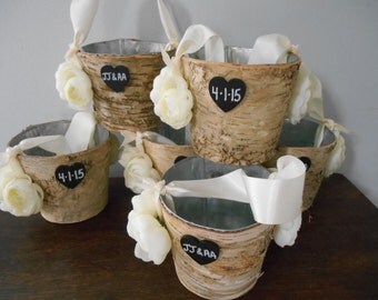 Rustic Birch Bark Flower Girl Basket Bucket Rustic Wedding You choose colors and flowers Ivory ranunculus shown
