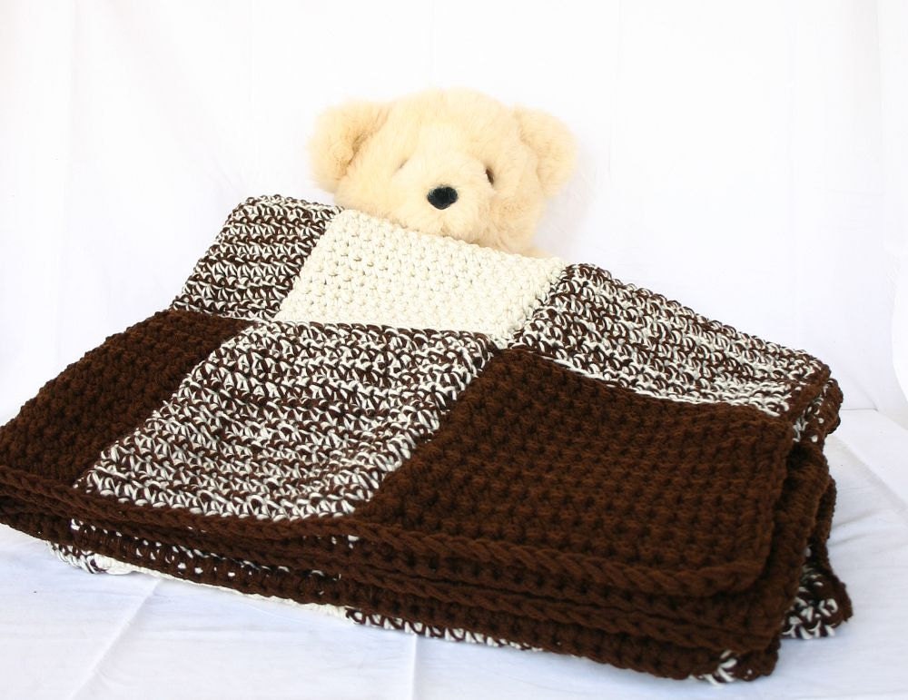 Crochet afghan brown cream throw blanket aran chocolate off