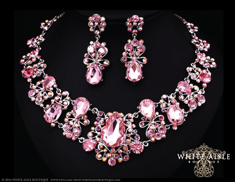 Pink Bridal Jewelry Set Crystal Statement Necklace Earrings
