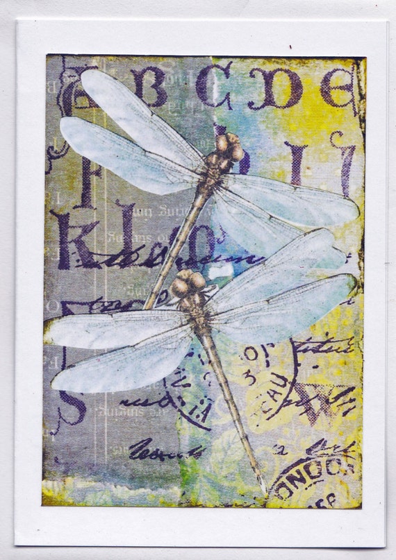 Note / greeting card - Dragonflies (print of original mixed media collage)