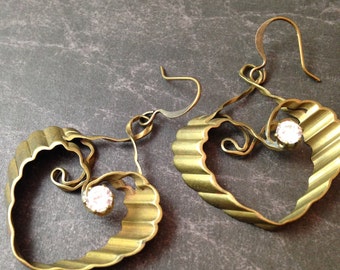 Antiqued Brass Ruffled Heart with Crystal Earrings