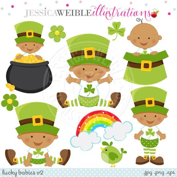 Lucky Babies V2 Dark Skin Cute Digital Clipart for Invitations, Card Design, Scrapbooking, and Web Design, St Patricks Day Il_570xn