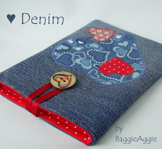 Kindle Case - Appliqued Hearts on Denim