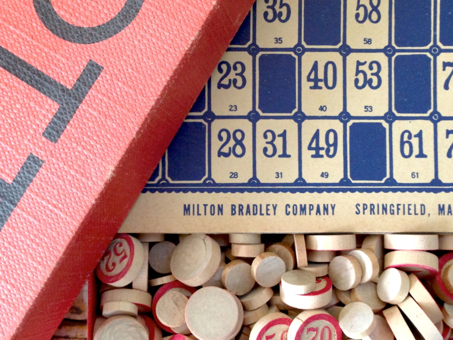 Vintage Lotto Game Milton Bradley Red Box Cards Round Wood