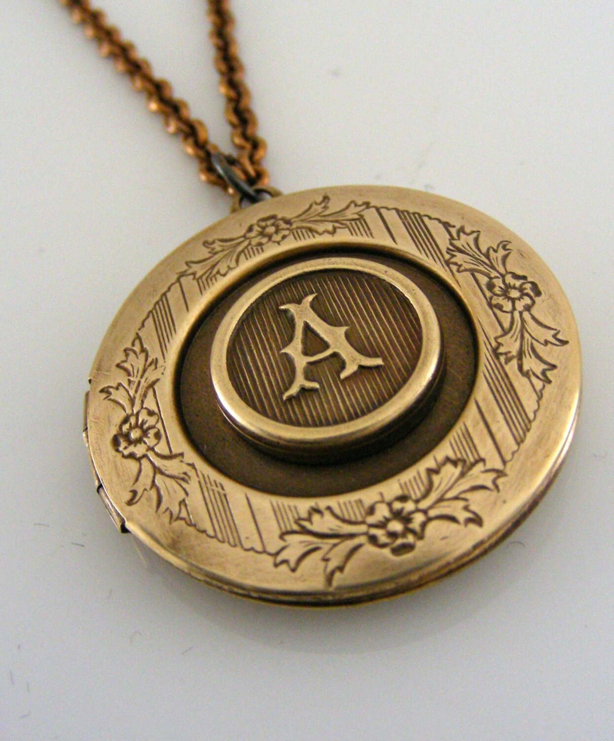 Locket Necklace Initial Necklace Letter A Vintage Brass