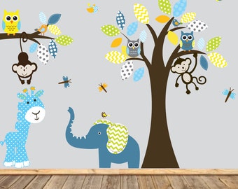 Boy Nursery wall decal jungle decals baby nursery decals giraffe pattern elephant monkeys owl birds