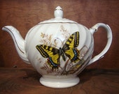 Beautiful Vintage English Ellgreave Porcelain Butterfly Teapot with Gold Leaf