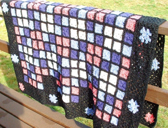Purple Crochet Afghan , Granny Square Afghan , Stained Glass , Black And Purple Blanket , Crochet Blanket