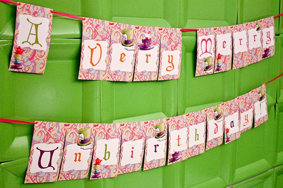 MAD HATTER Banner : DIY Printable A Very Merry Unbirthday Banner | Print at Home Alice in Wonderland Birthday | Tea Party - Instant Download Il_570xn