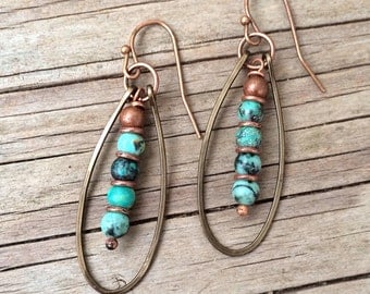 Turquoise Earrings with Hammered Copper Hoops