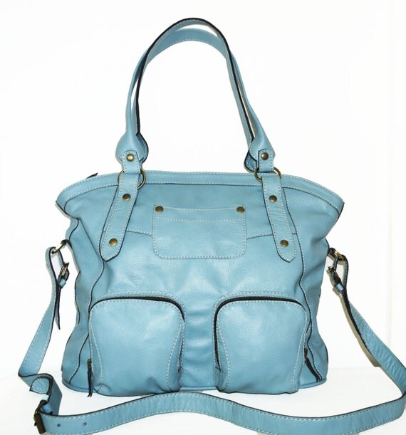 Light blue leather tote bag leather handbag leather by ChicLeather