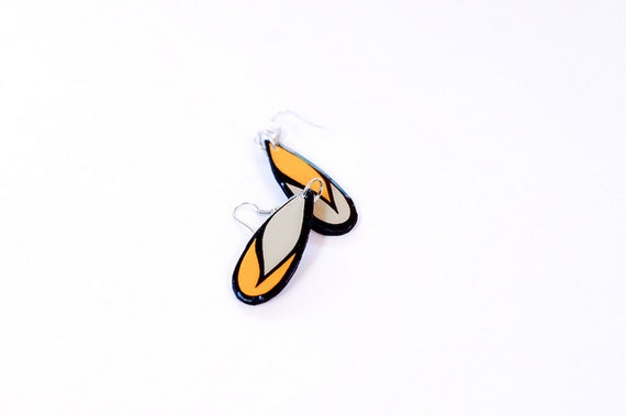 Small Teardrop Shaped Modern Scarf Earrings in Mustard, Grey and Black