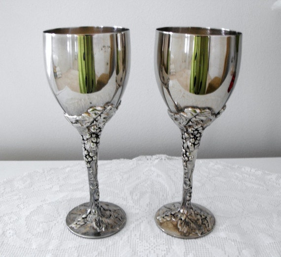 Pair Silver Plate Wine Goblets Grape Pattern Silver Goblets