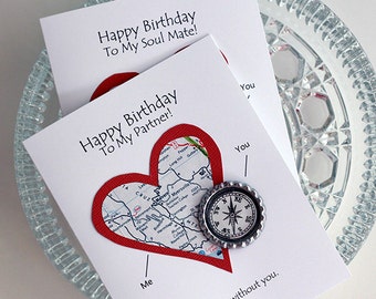 Retro Birthday card for partner - lesbian card - birthday for husband - birthday card wife - gay birthday card, soul mate card - vintage map