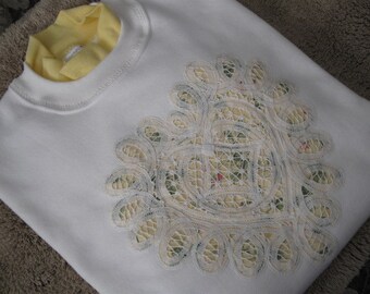Battenburg Lace Embellished White Sweatshirt with Yellow Collar - Medium