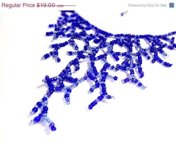 SALE Deep Blue Necklace Beaded with Coral Style Fringe