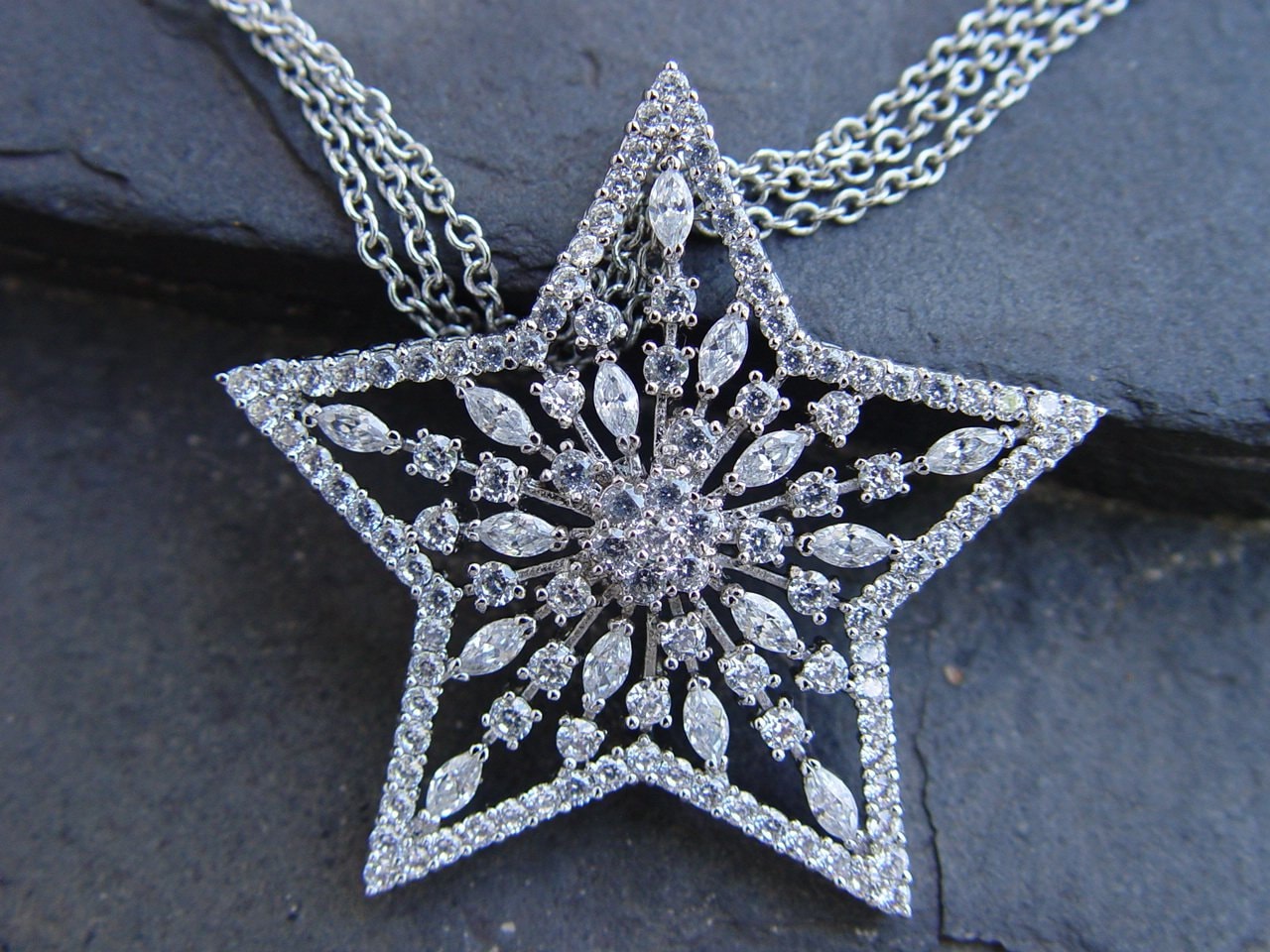 Vintage Prong Set Crystal Five Point Star Pendant Triple Chain Necklace ...