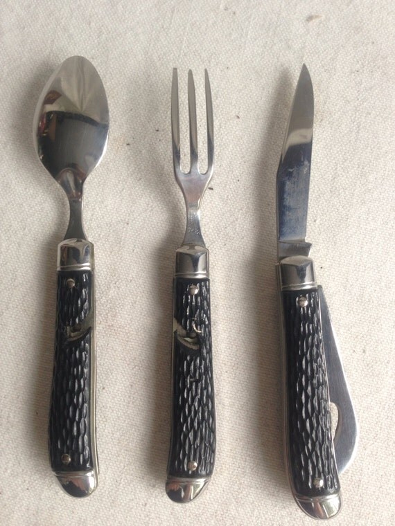 Vintage Colonial camping pocket knife set utensil set